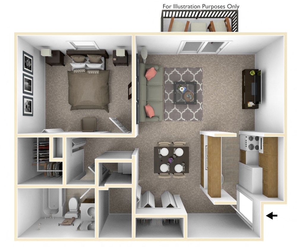 Floor plan for 1 bed, 1 bath, 700 sqft